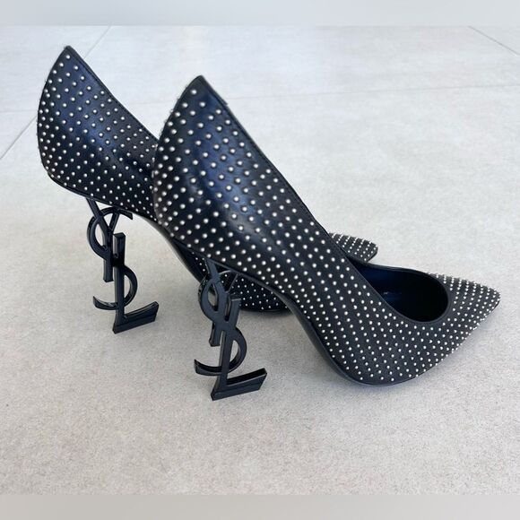 Saint Laurent Opyum 110 YSL Pumps Leather Studded Black High Heels EU 38 US 8 - Picture 4 of 11